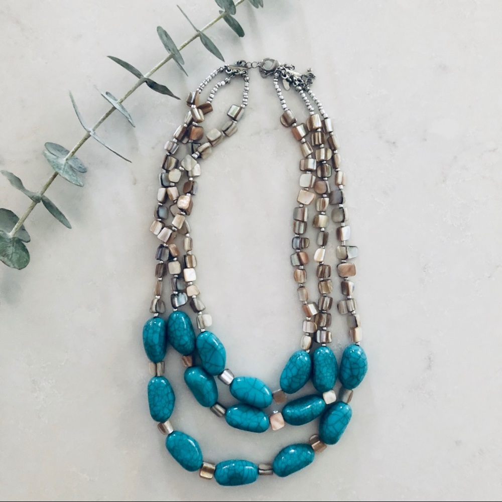 Turquoise Stone Statement Necklace Triple Strand